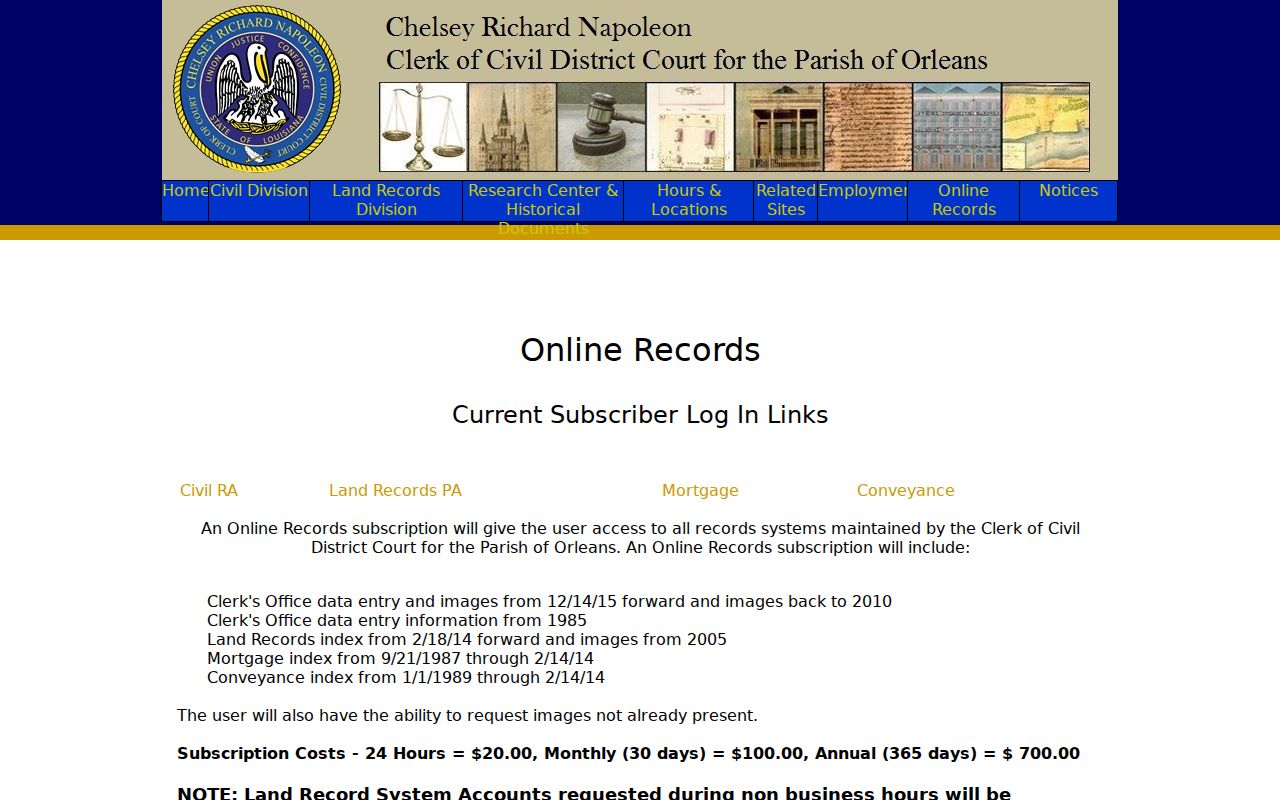 Orleans Parish civil docket online records access page