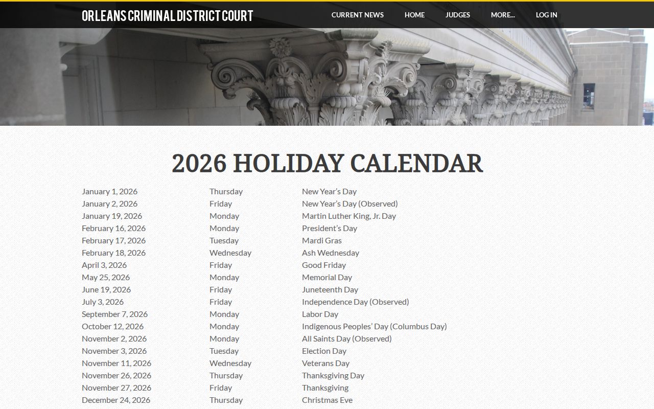 Orleans Parish court calendar criminal holiday schedule