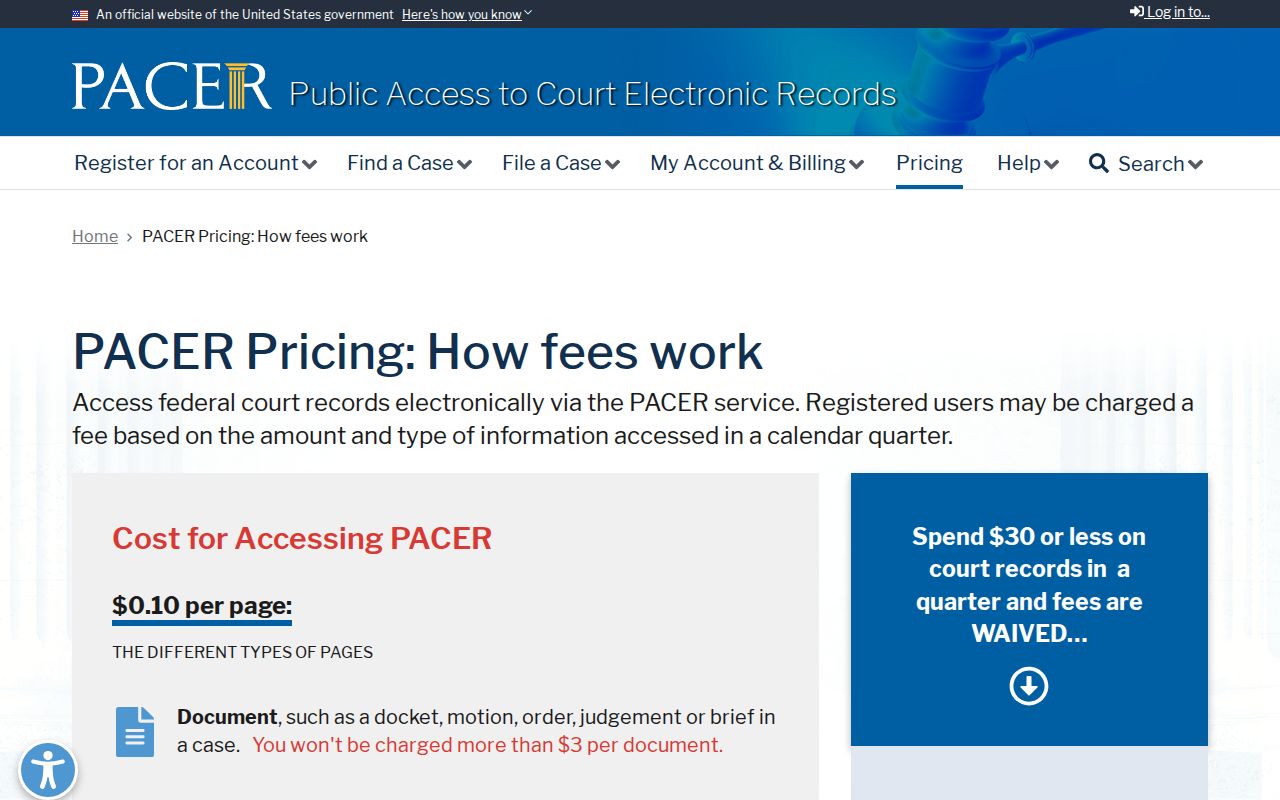 Orleans Parish court record search context showing federal PACER fee information