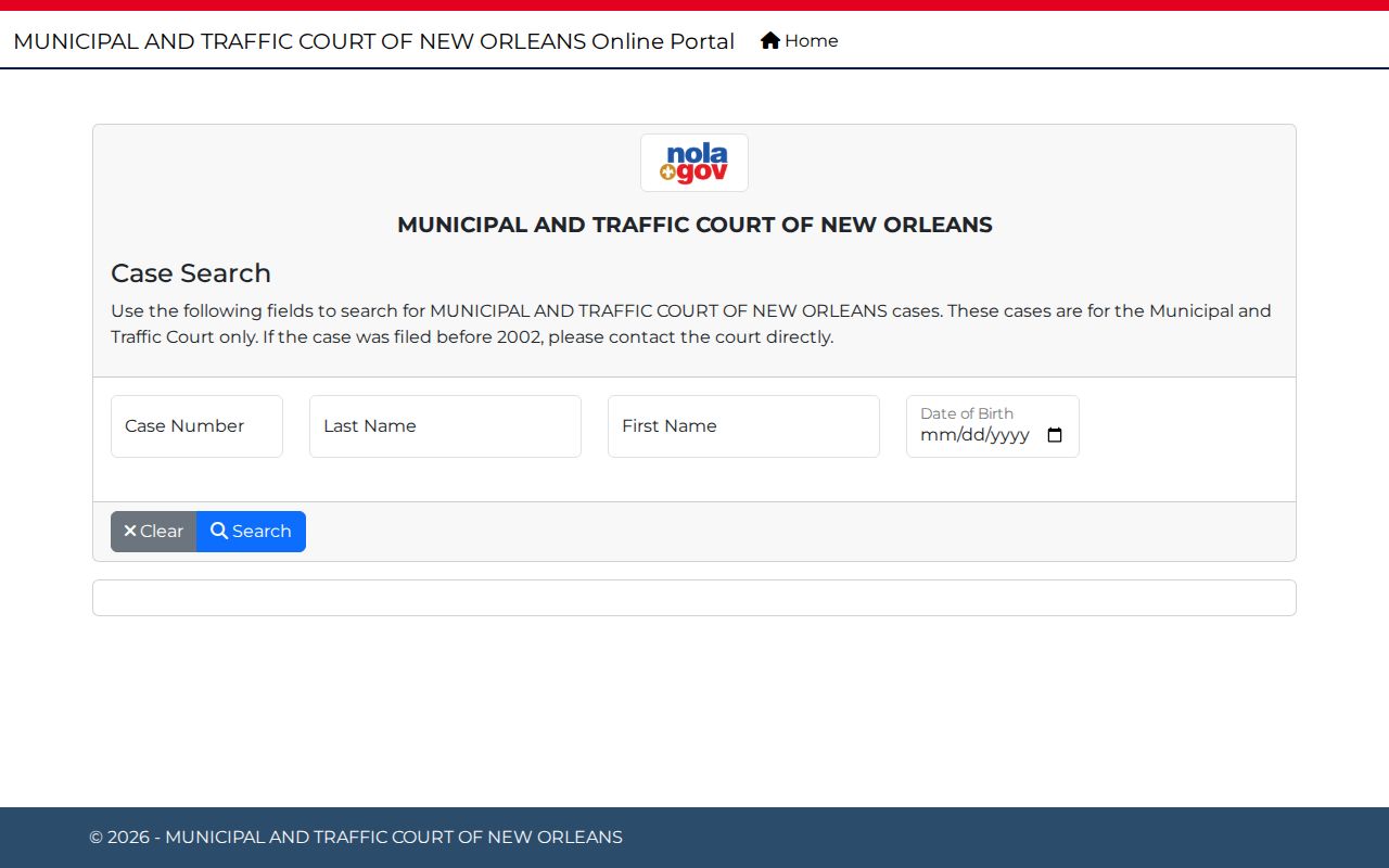 New Orleans traffic case search form with case number and name fields