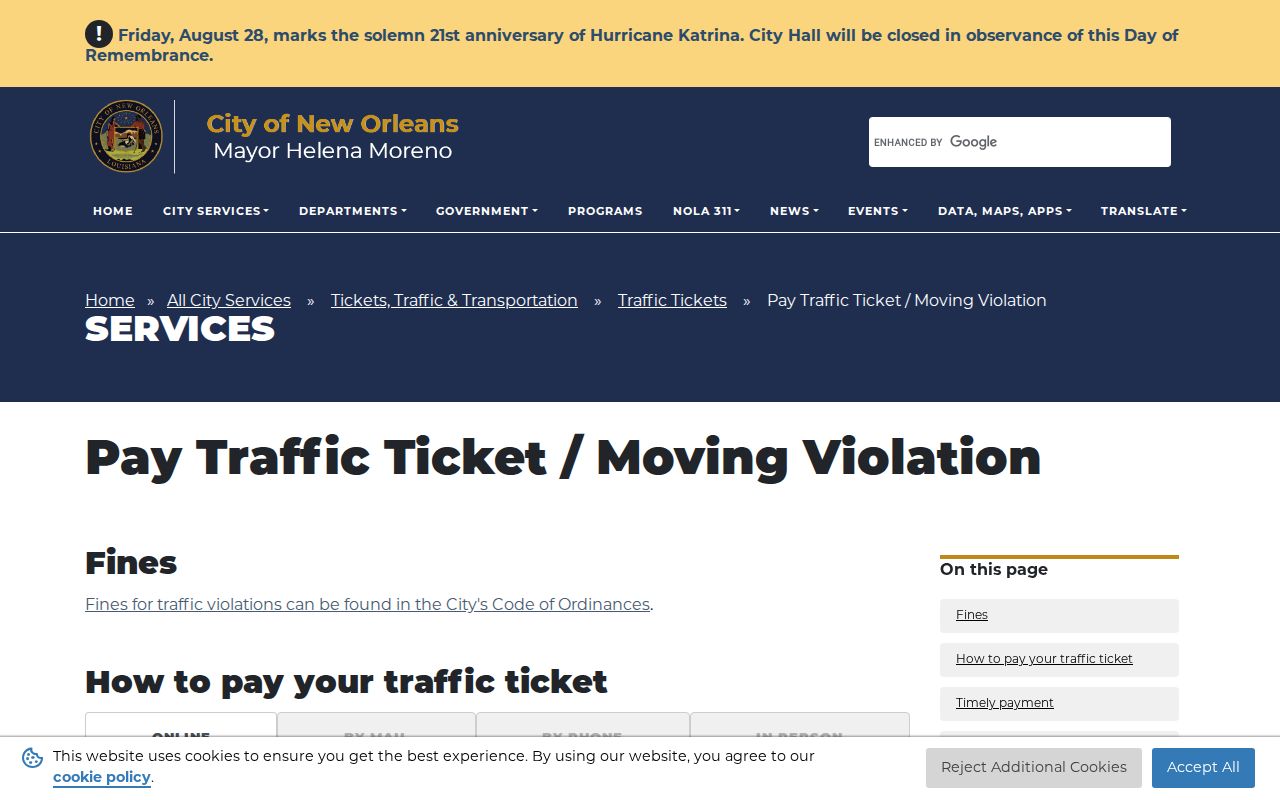 Orleans Parish traffic tickets official City payment instructions
